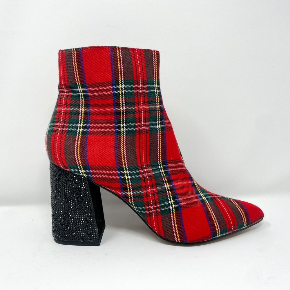 Betsey Johnson Womens 7M Kassie Boots Red Plaid Tartan Rhinestone Heel Glam Punk